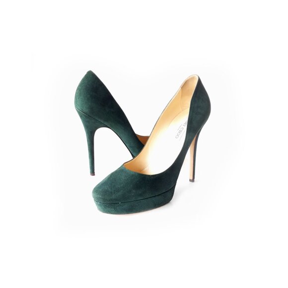 JIMMY CHOO Pumps Womens Size 9 Green Suede Platform Pumps 5.25" Heel - Picture 2 of 8